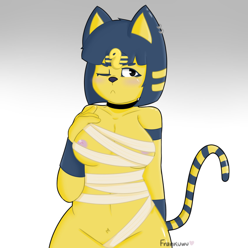 2018 animal_crossing ankha_(animal_crossing) anthro big_breasts black_eyes blue_hair blush breasts cat clothed clothing digital_media_(artwork) egyptian feline female frankuwu fur hair looking_at_viewer mammal nintendo nipples nude piercing simple_background solo thick_thighs video_games white_background wide_hips yellow_fur