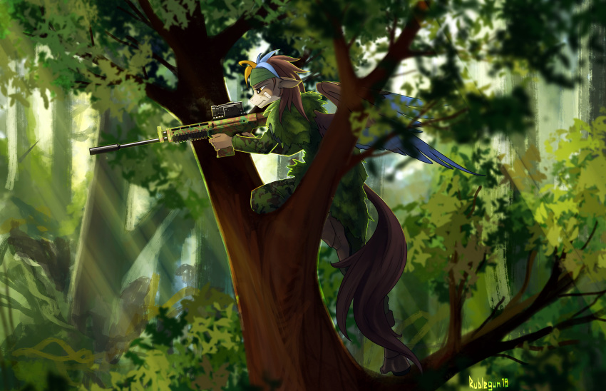 2018 5_fingers anthro brown_hair clothed clothing digital_media_(artwork) feathered_wings feathers female forest gun hair holding_object holding_weapon mammal ranged_weapon rublegun solo tan_eyes tree weapon wings