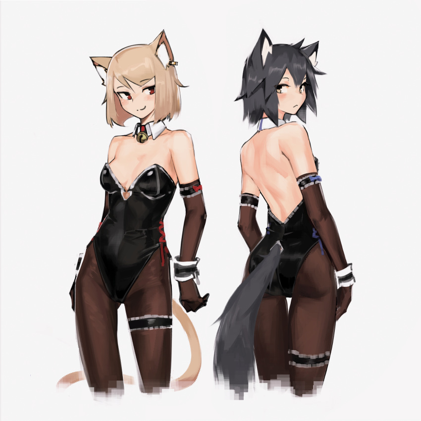 animal_ears back backless_outfit bell bell_collar black_gloves black_hair black_legwear blonde_hair blush breasts cat_ears cat_tail closed_mouth collar cropped_legs deel_(rkeg) detached_collar earrings elbow_gloves eyebrows_visible_through_hair gloves highres jewelry kittysuit leg_garter leotard lisa_(deel) looking_at_another looking_back medium_breasts multiple_girls original pantyhose ramn red_eyes short_hair smile strapless strapless_leotard tail white_background yellow_eyes