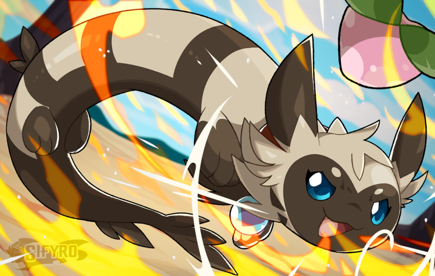 action_pose berry blitzdrachin collar detailed_background feral fire flamethrower fluffy food fruit furret heartberry invalid_tag mammal mustelid nintendo paws pecha_berry pok&eacute;mon pok&eacute;mon_(species) pose ranged_weapon video_games weapon