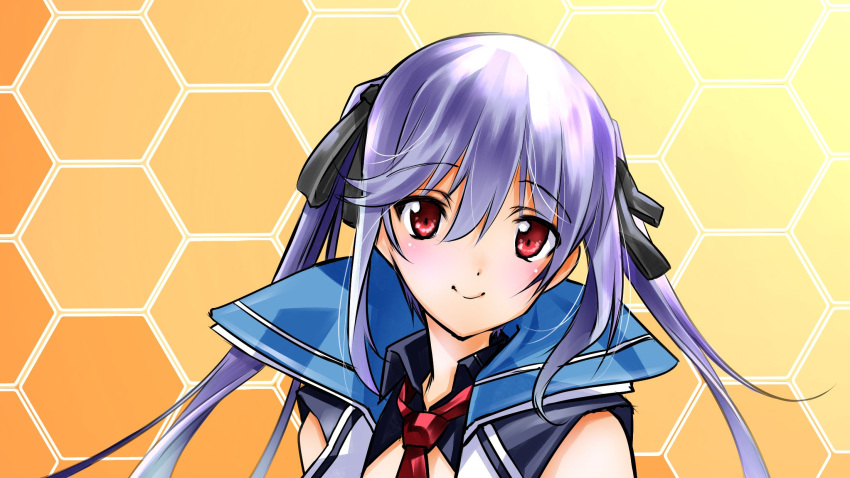 azur_lane bangs black_ribbon blue_cloak blue_dress blue_hair blush collared_cloak collared_dress commentary_request dress essex_(azur_lane) eyebrows_visible_through_hair floating_hair hair_ribbon highres long_hair looking_at_viewer necktie patterned_background portrait red_eyes red_neckwear ribbon senomoto_hisashi sleeveless sleeveless_dress smile solo twintails