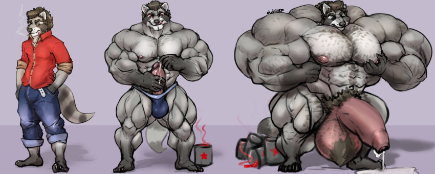 anthro ball_growth balls big_balls bulge cigarette clothed clothing growth huge_balls humanoid_penis hyper hyper_balls hyper_penis male mammal multiple_images muscle_growth muscular muscular_male nude oldshep pecs penis penis_growth precum procyonid pubes raccoon solo standing uncut underwear