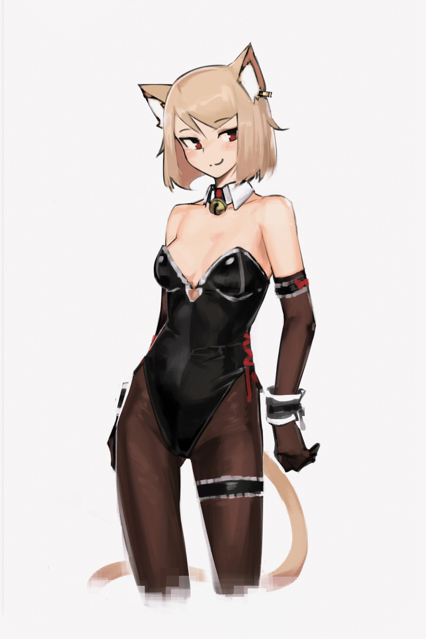 absurdres animal_ears bell bell_collar black_gloves black_legwear blonde_hair blush breasts cat_ears cat_tail closed_mouth collar cropped_legs deel_(rkeg) detached_collar earrings elbow_gloves eyebrows_visible_through_hair facing_viewer gloves highres jewelry kittysuit leg_garter leotard lisa_(deel) looking_back medium_breasts original pantyhose red_eyes short_hair smile solo strapless strapless_leotard tail white_background