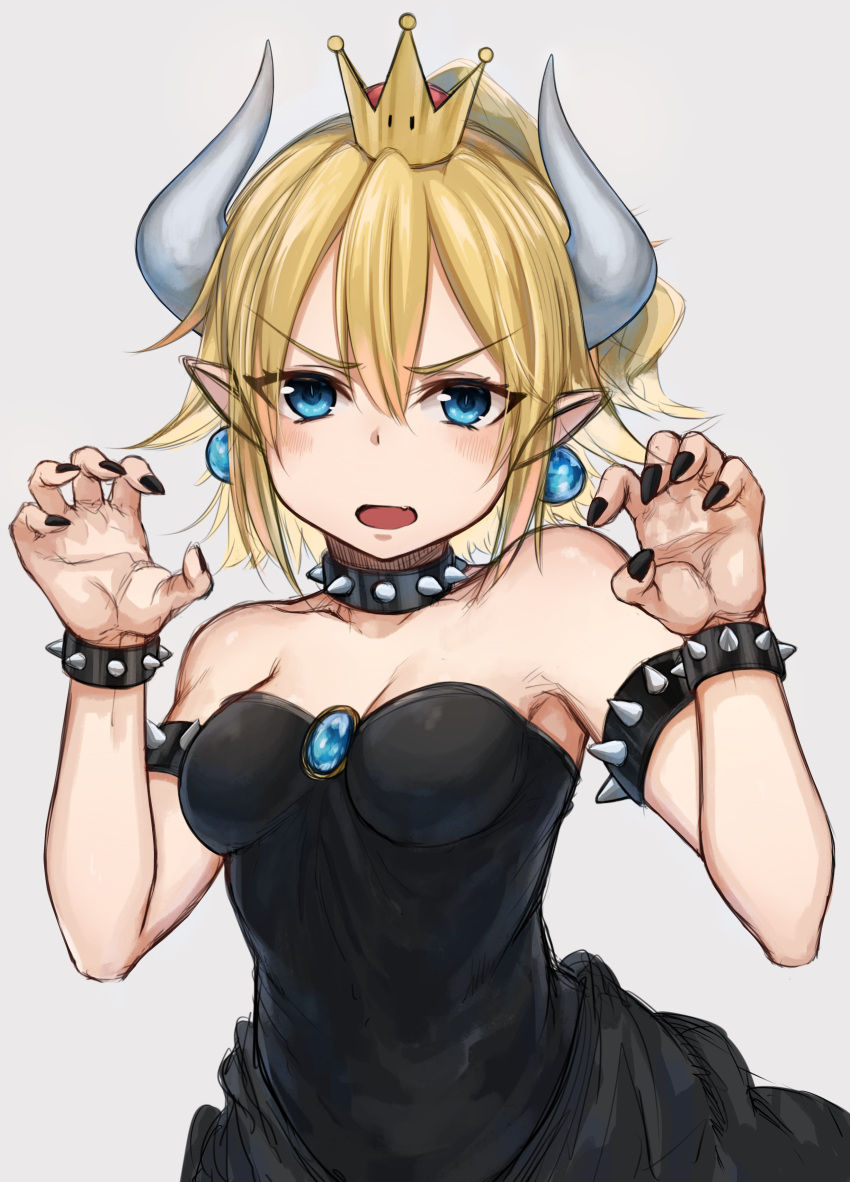absurdres akky_(akimi1127) bare_shoulders black_dress black_nails blonde_hair blue_eyes blush bowsette bracelet breasts claw_pose claws cleavage collar commentary_request crown dress earrings eyebrows_visible_through_hair grey_background highres horns jewelry looking_at_viewer mario_(series) medium_breasts nail_polish new_super_mario_bros._u_deluxe open_mouth paw_pose pointy_ears ponytail short_hair simple_background sketch solo spiked_bracelet spiked_collar spikes super_crown