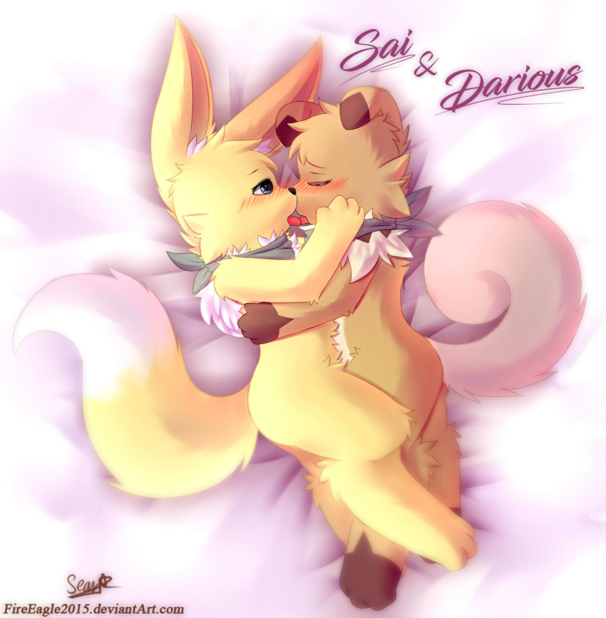 &lt;3 anthro bed blush canine cute duo eevee eeveelution hug kissing lying male male/male mammal nintendo pok&eacute;mon pok&eacute;mon_(species) pok&eacute;morph rockrockruff rockruff scarf senz tongue video_games