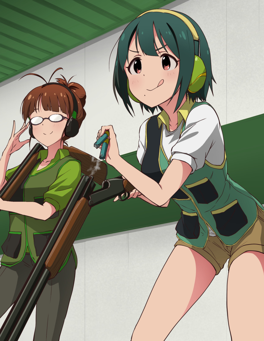 :q absurdres adjusting_eyewear akizuki_ritsuko antenna_hair asanaya black_pants brown_eyes brown_hair brown_shorts commentary_request double_barrels green_hair gun headphones highres holding_bullet idolmaster idolmaster_(classic) leaning_forward mole mole_under_mouth multiple_girls otonashi_kotori pants shirt short_hair short_shorts short_sleeves shorts shotgun smile standing tied_hair tongue tongue_out weapon white_shirt