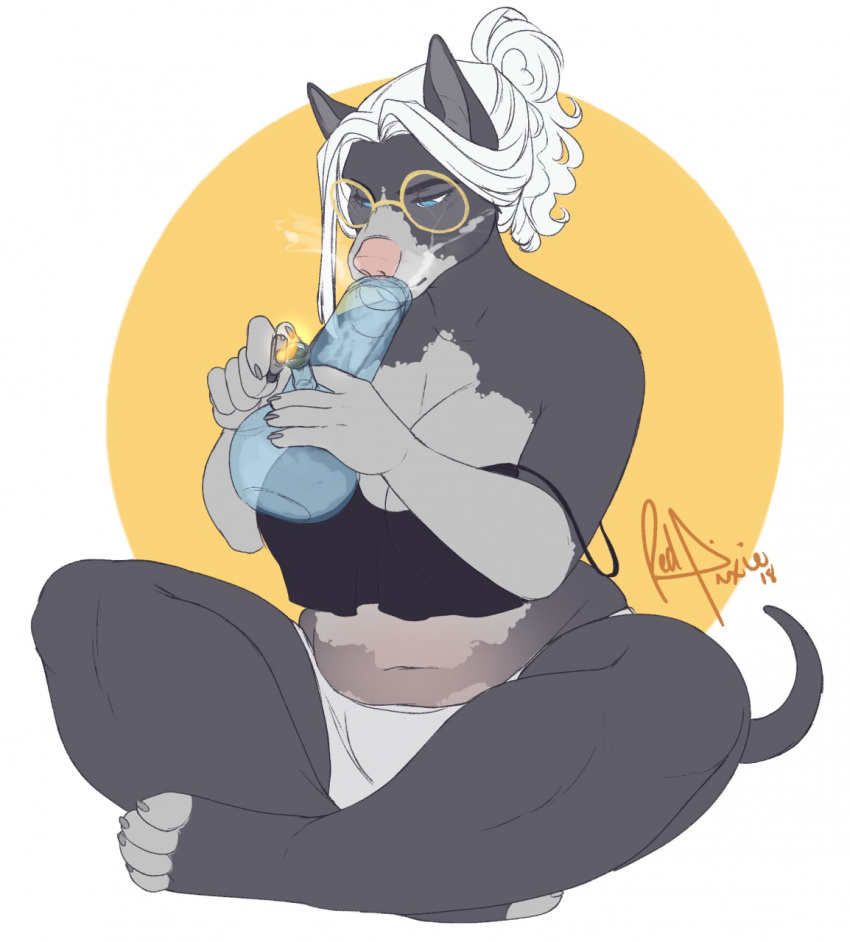2018 anthro bong breasts canine clothed clothing drugs eyewear female glasses mammal off_shoulder redpixie simple_background sitting slightly_chubby solo