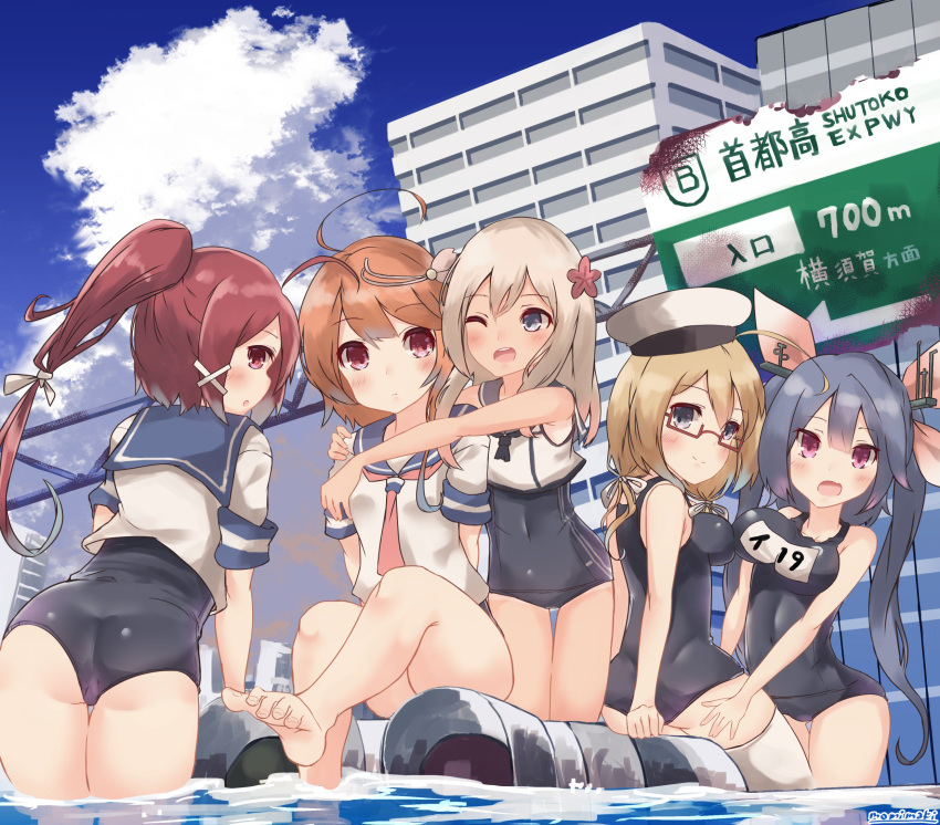 ahoge ass ass_visible_through_thighs barefoot blonde_hair blue_eyes blue_hair blue_sky blush breasts building closed_mouth cloud cloudy_sky commentary_request crop_top day fang flower glasses hair_flower hair_ornament hair_ribbon hairclip hat highres i-168_(kantai_collection) i-19_(kantai_collection) i-58_(kantai_collection) i-8_(kantai_collection) kantai_collection large_breasts legs light_brown_hair long_hair low_twintails momiji_(103) multiple_girls name_tag neckerchief one-piece_swimsuit one-piece_tan open_mouth outdoors peaked_cap ponytail red-framed_eyewear red_eyes red_hair ribbon ro-500_(kantai_collection) sailor_collar sailor_hat school_swimsuit school_uniform semi-rimless_eyewear serafuku short_hair sky smile swimsuit swimsuit_under_clothes tan tanline thighhighs tri_tails twintails under-rim_eyewear water white_legwear
