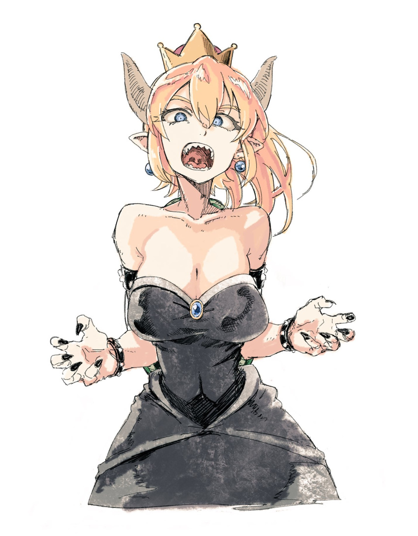 armlet bare_shoulders black_dress blonde_hair blue_eyes bowsette bracelet breasts brooch claw_pose cleavage commentary crown dress earrings fingernails forked_eyebrows highres horns jewelry kotoyama large_breasts looking_at_viewer mario_(series) new_super_mario_bros._u_deluxe open_mouth pointy_ears sharp_fingernails sharp_teeth solo spiked_bracelet spikes super_crown teeth