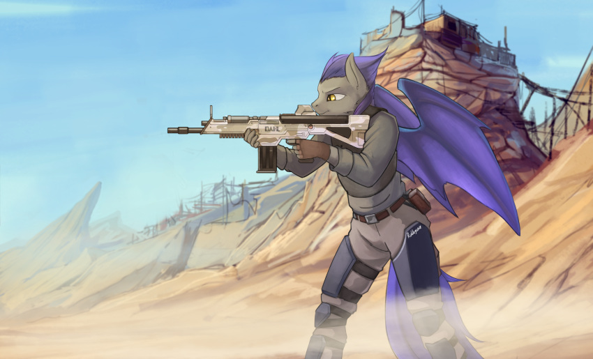 2018 5_fingers anthro bat_pony borderlands clothed clothing day digital_media_(artwork) fan_character gun holding_object holding_weapon male mammal membranous_wings my_little_pony ranged_weapon rublegun sky solo video_games weapon wings yellow_eyes
