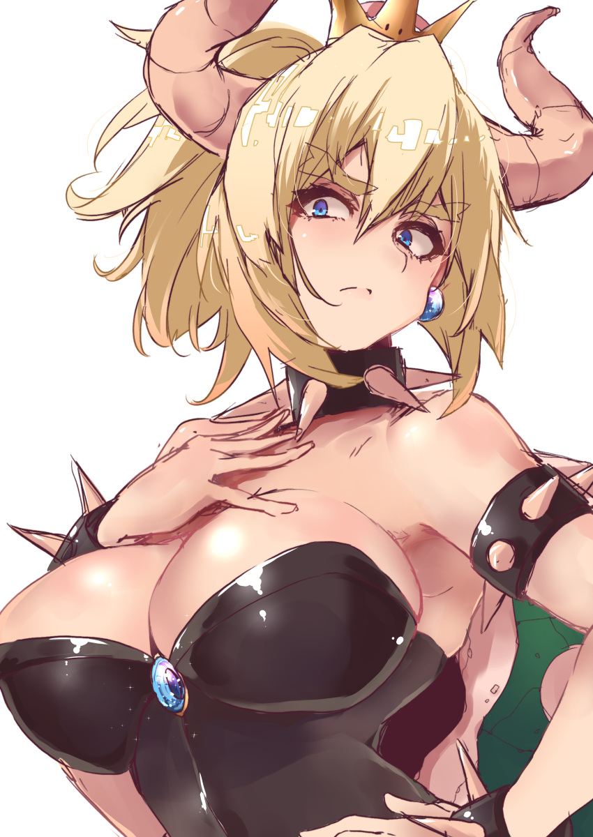 absurdres bare_shoulders blonde_hair blue_eyes borrowed_design bowsette bracelet breasts cleavage collar commentary crown earrings eyebrows_visible_through_hair frown gem hair_between_eyes hand_up highres horns jewelry kobo_(cobo_0609) large_breasts looking_at_viewer mario_(series) new_super_mario_bros._u_deluxe ponytail shell sketch spiked_armlet spiked_bracelet spiked_collar spikes super_crown super_mario_bros. white_background