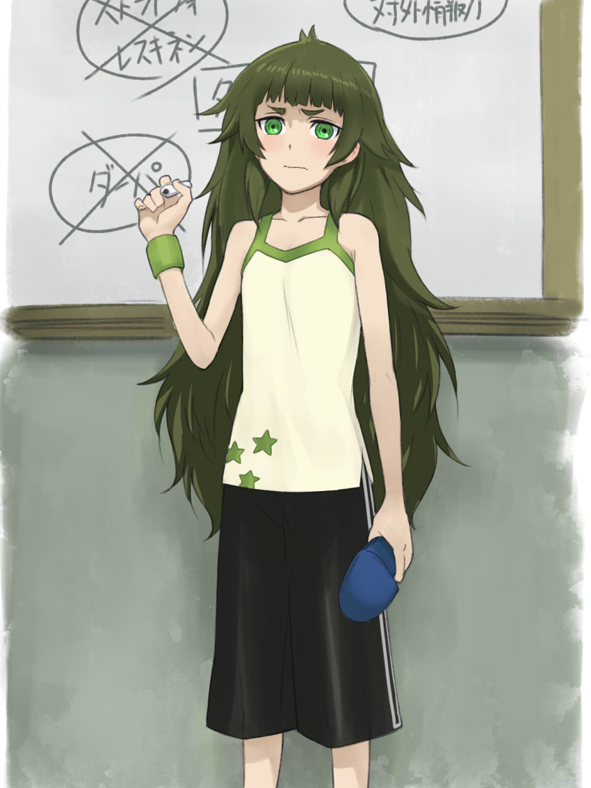 bangs bare_shoulders blunt_bangs blush breasts camisole collarbone cowboy_shot green_eyes green_hair highres hiyajou_maho long_hair looking_at_viewer marker menomorute messy_hair shorts sleeveless slippers slippers_removed small_breasts solo standing steins;gate steins;gate_0 thick_eyebrows wavy_mouth whiteboard wristband