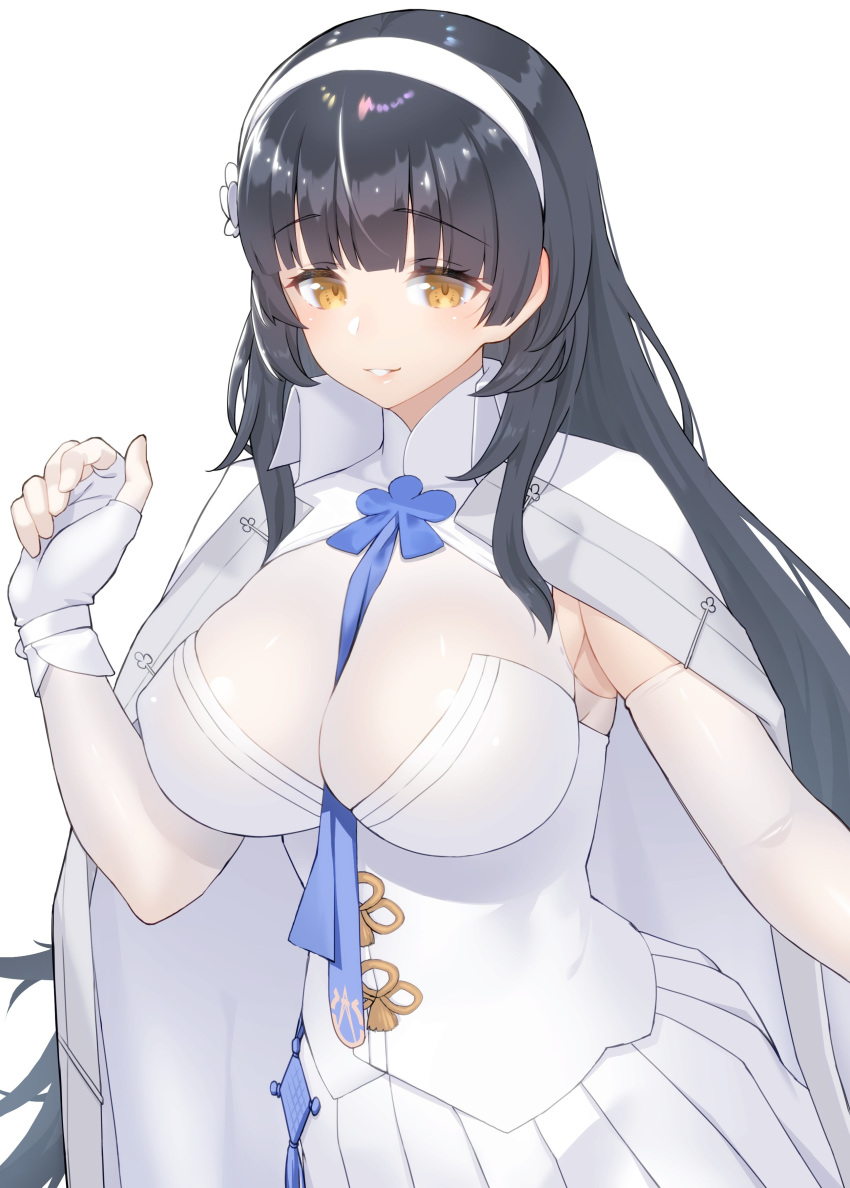 arm_up bangs between_breasts black_hair blunt_bangs breasts cape commentary_request fingerless_gloves flower girls_frontline gloves hair_flower hair_ornament hairband highres long_hair qbz-95_(girls_frontline) saruchitan skirt upper_body very_long_hair white_gloves white_hairband white_skirt yellow_eyes