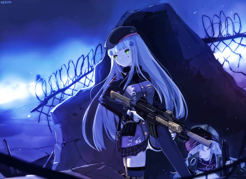 artist_name assault_rifle bangs barbed_wire beret black_hat black_skirt blue_hair blunt_bangs blurry blurry_foreground blush breasts chain-link_fence closed_eyes closed_mouth commentary_request depth_of_field dyolf eyebrows_visible_through_hair facial_mark fence g11 g11_(girls_frontline) girls_frontline green_eyes green_jacket gun hair_ornament hat heckler_&amp;_koch hk416 hk416_(girls_frontline) holding holding_gun holding_weapon jacket long_hair looking_away looking_to_the_side medium_breasts multiple_girls object_namesake open_clothes open_jacket outdoors plaid plaid_skirt pleated_skirt purple_jacket purple_legwear revision rifle signature silver_hair skirt standing thighhighs very_long_hair weapon