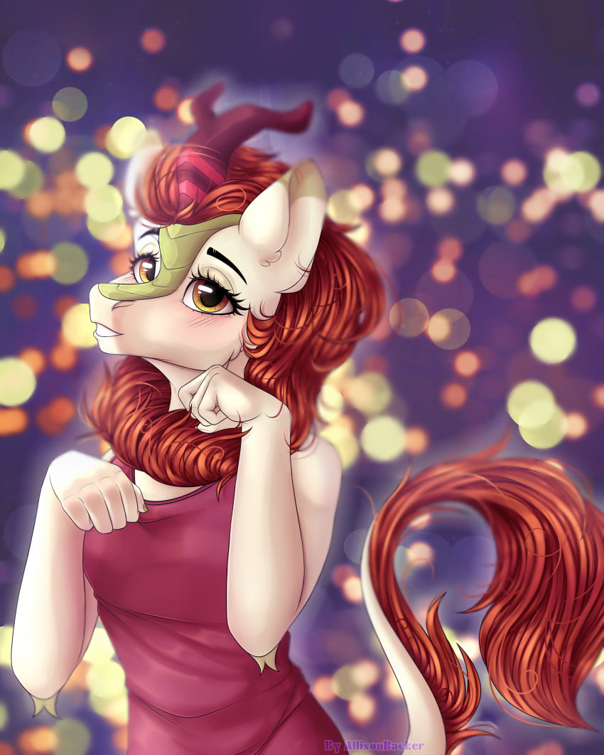 2018 5_fingers absurd_res allisonbacker anthro autumn_blaze_(mlp) blush clothed clothing digital_media_(artwork) eyelashes female friendship_is_magic hair hi_res horn inner_ear_fluff kirin looking_at_viewer my_little_pony open_mouth red_hair solo teeth yellow_eyes