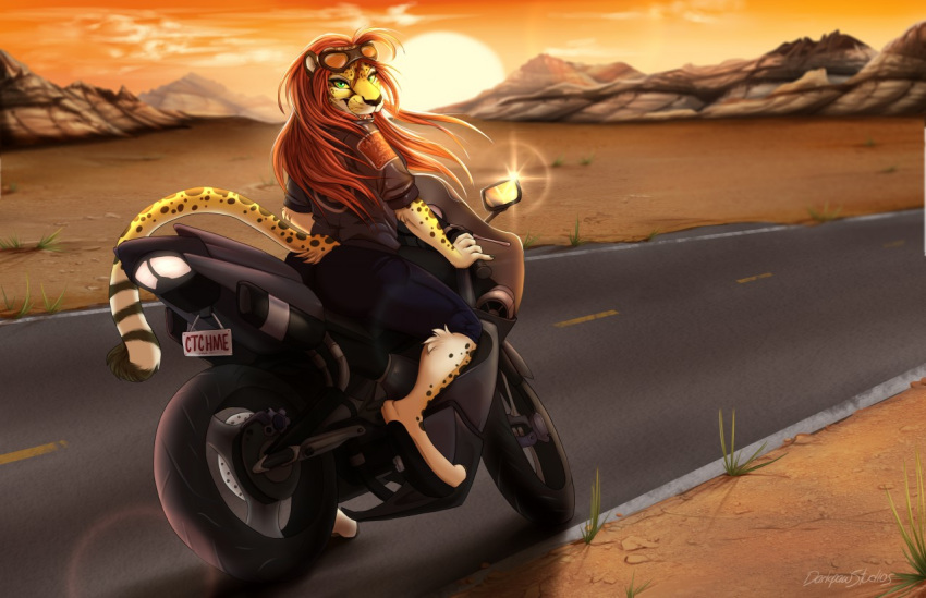 2018 5_fingers anthro barefoot bike_(disambiguation) cheetah claws cliffs clothing desert eyewear fangs feline female finger_claws fingers freeway fur goggles green_eyes hair jacket license_plate looking_at_viewer looking_back mammal motorcycle multicolored_fur multicolored_tail open_mouth open_smile outside pants red_hair road sharp_teeth signature smile solo spots spotted_tail sun teeth two_tone_fur vehicle whiskers yellow_eyes yellow_fur yoko_darkpaw