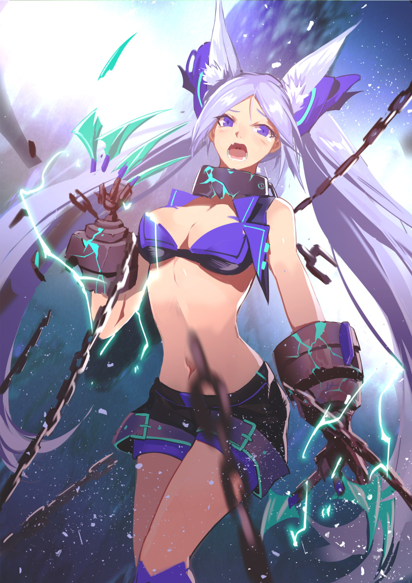 absurdres animal_ear_fluff animal_ears bikini_top boots breasts broken broken_chain chain clare_(543) claws cleavage collar cropped_jacket hair_ornament highres jacket long_hair looking_at_viewer medium_breasts navel open_clothes open_jacket open_mouth original purple_eyes purple_hair shorts sleeveless solo tail twintails wolf_ears wolf_tail