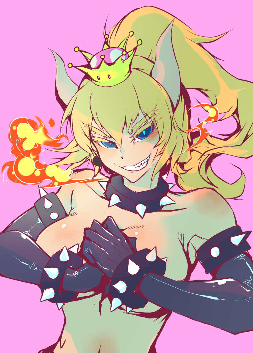 absurdres armlet black_gloves blonde_hair blue_eyes bowsette bracelet breasts breathing_fire collar commentary_request cracking_knuckles crown earrings elbow_gloves fire gloves grin highres horns jewelry large_breasts long_hair mario_(series) navel new_super_mario_bros._u_deluxe pink_background ponytail qianbi_he sharp_teeth slit_pupils smile smirk spiked_bracelet spiked_collar spikes super_crown super_mario_bros. teeth topless upper_body