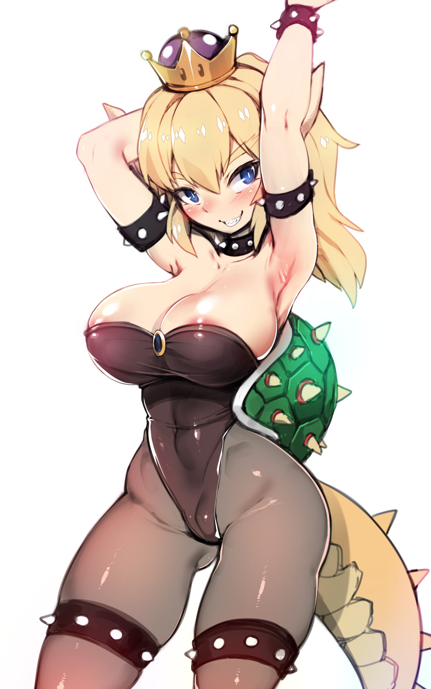 absurdres areola_slip areolae arm_behind_head armlet armpit_crease armpits arms_up ass_visible_through_thighs bangs bare_arms bare_shoulders black_collar black_leotard blonde_hair blue_eyes blush bowsette bracelet breasts bursting_breasts cleavage collar collarbone commentary_request covered_navel covered_nipples cowboy_shot crown eyebrows_visible_through_hair eyelashes forked_eyebrows grey_legwear grin hair_between_eyes harigane_shinshi highleg highleg_leotard highres hips horns jewelry large_breasts leotard lizard_tail long_hair looking_at_viewer mario_(series) narrow_waist new_super_mario_bros._u_deluxe pantyhose parted_bangs ponytail sharp_teeth shiny shiny_clothes shiny_hair shiny_skin sideboob sidelocks sideways_glance skin_tight skindentation slender_waist slit_pupils smile solo spiked_armlet spiked_bracelet spiked_collar spiked_shell spiked_thighlet spikes standing strapless strapless_leotard super_crown tail taut_clothes teeth thick_eyebrows thighlet thighs tsurime turtle_shell white_pupils wide_hips