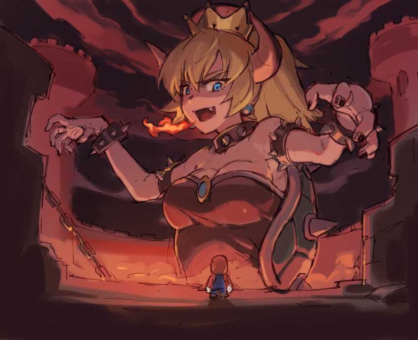 1girl bare_shoulders blonde_hair blue_eyes bowsette bracelet breasts collar commentary_request crown dress fire giantess highres horns jewelry large_breasts mario mario_(series) new_super_mario_bros._u_deluxe ponytail spiked_bracelet spiked_collar spikes super_crown super_mario_bros. tugo