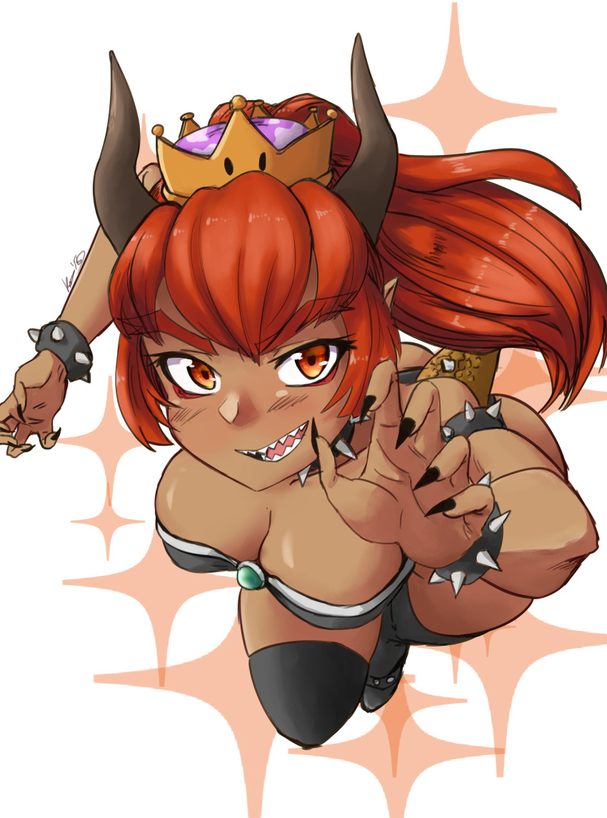 absurdres alternate_color artist_request boots bowsette bracelet breasts cleavage crown dark_skin fangs fingernails highres jewelry mario_(series) medium_breasts new_super_mario_bros._u_deluxe orange_hair pointy_ears sharp_fingernails source_request super_crown tail thigh_boots thighhighs