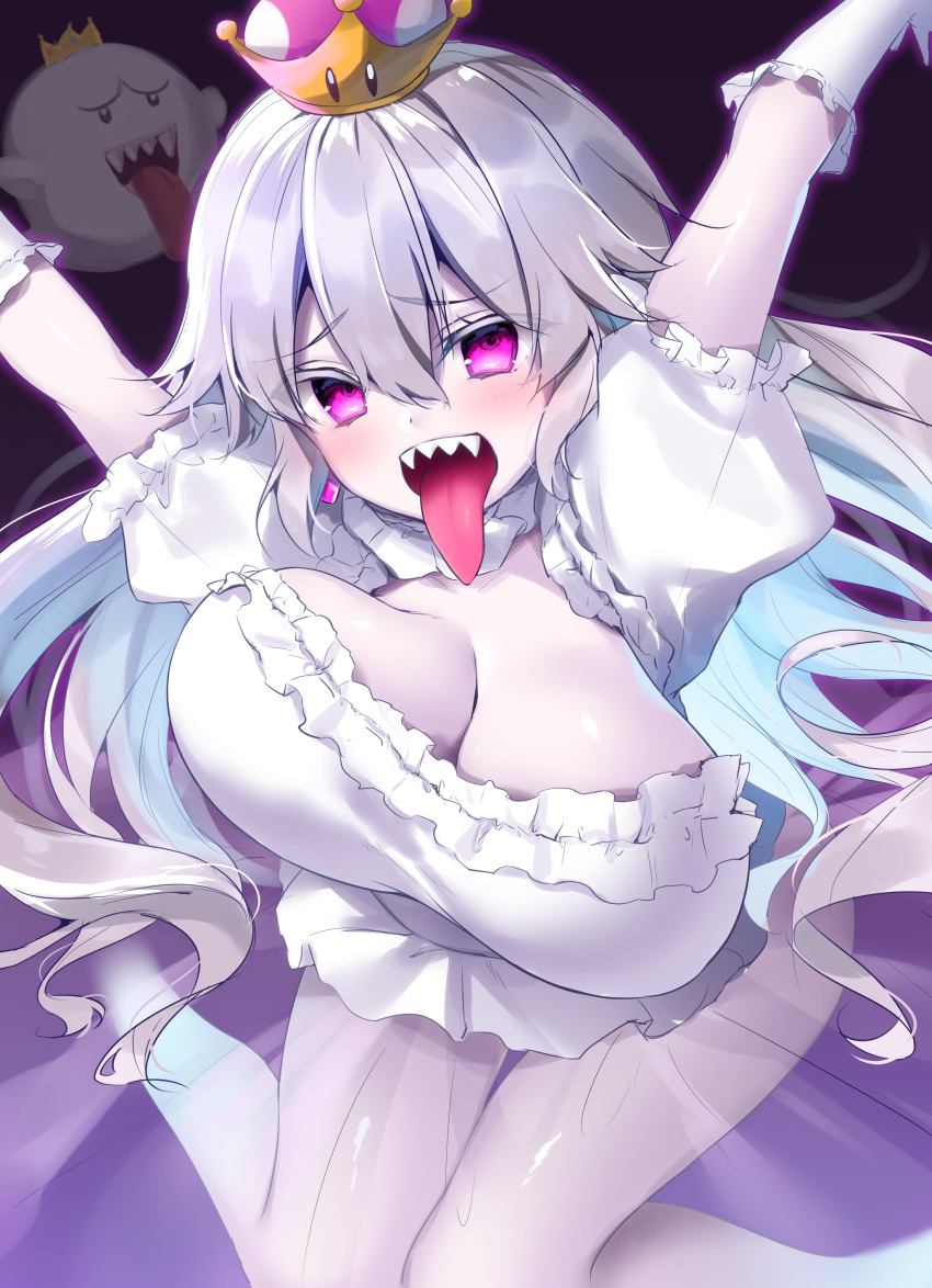 1girl absurdres arms_up boo breasts cleavage crown dress dual_persona earrings elbow_gloves fangs gloves highres jewelry jiiwara king_boo large_breasts long_hair looking_at_viewer luigi's_mansion mario_(series) new_super_mario_bros._u_deluxe pale_skin personification princess_king_boo purple_eyes silver_hair super_crown super_mario_bros. tongue tongue_out white_dress white_gloves