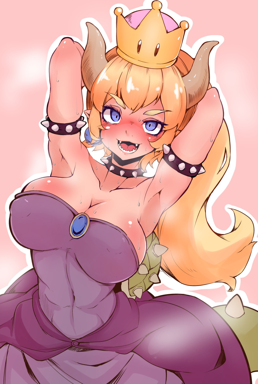 absurdres armpits arms_behind_head arms_up bare_shoulders blonde_hair blue_eyes blush bowsette bracelet breasts cleavage collar collarbone covered_navel covered_nipples crown dress fangs highres horns jewelry large_breasts lizard_tail long_hair looking_at_viewer mario_(series) md5_mismatch new_super_mario_bros._u_deluxe okuva open_mouth outline pink_background ponytail purple_dress sharp_teeth solo spiked_armlet spiked_bracelet spiked_shell spikes steaming_body strapless strapless_dress super_crown sweat tail teeth