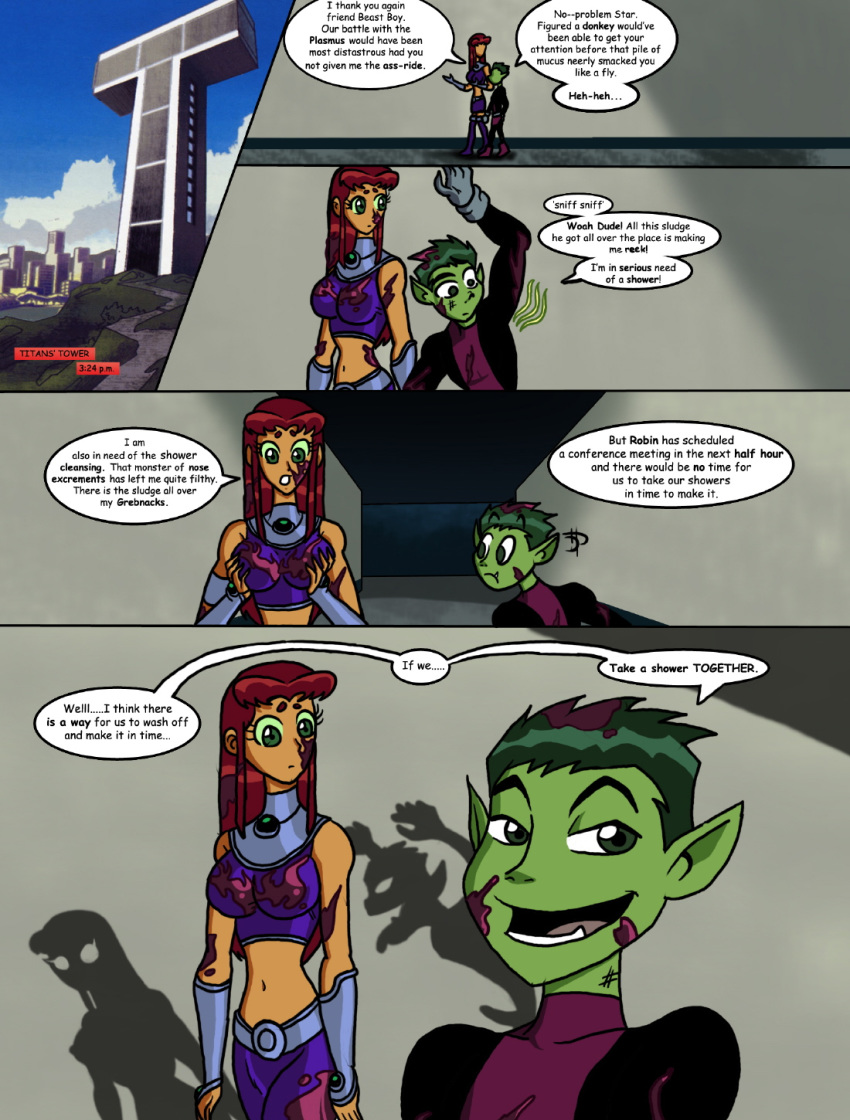 2018 beast_boy comic female green_eyes green_skin hair male mud shadow star_lover_(artist) starfire teen_titans time