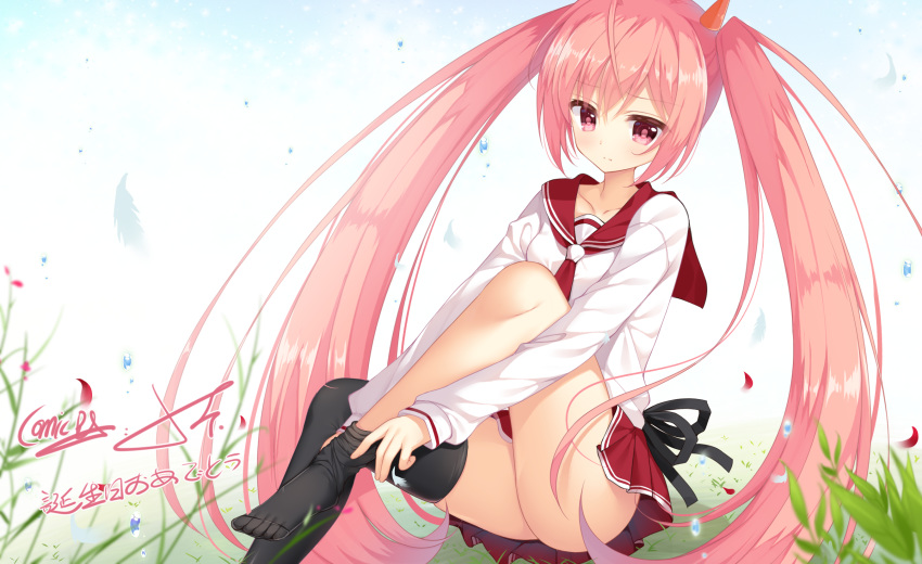 black_legwear blush cariboy graphite_(medium) hidan_no_aria highres kanzaki_h_aria long_hair looking_at_viewer pink_hair red_eyes school_uniform serafuku solo thighhighs traditional_media twintails very_long_hair