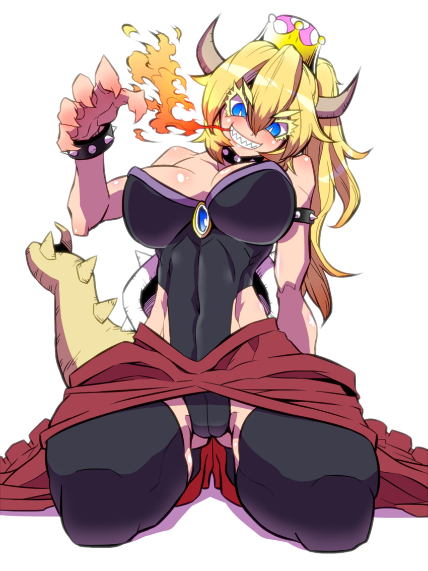 arm_support black_leotard blonde_hair blue_eyes bowsette bracelet breasts choker commentary crown evil_smile high_heels highres horns jewelry jin_(mugenjin) kneeling large_breasts leotard long_skirt mario_(series) new_super_mario_bros._u_deluxe sharp_teeth simple_background skirt smile solo spiked_armlet spiked_bracelet spiked_choker spiked_shell spiked_tail spikes super_crown tail teeth white_background