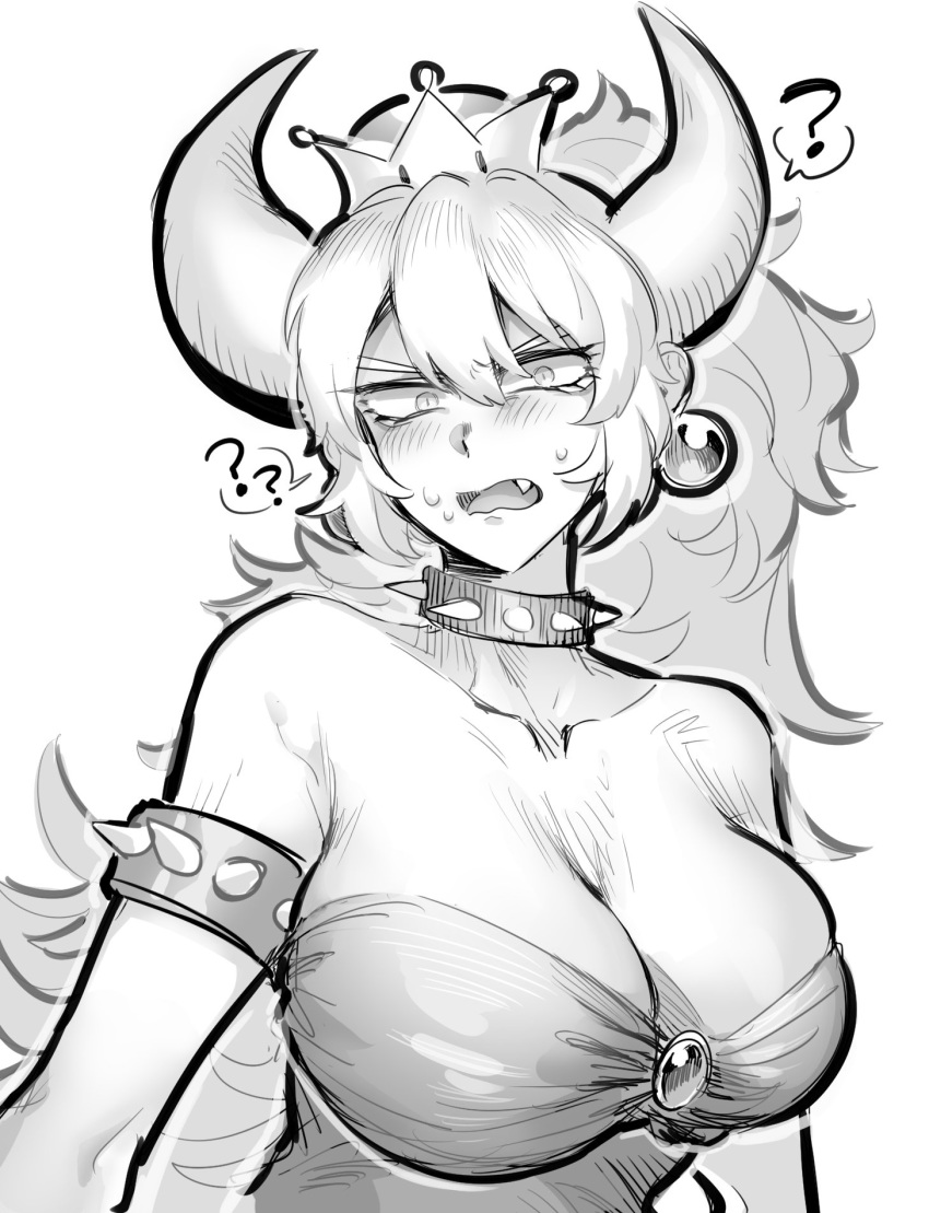 bare_shoulders bowsette bracelet breasts collar commentary_request crown dress greyscale gudobe7 highres horns jewelry large_breasts mario_(series) monochrome new_super_mario_bros._u_deluxe ponytail spiked_bracelet spiked_collar spikes super_crown super_mario_bros.
