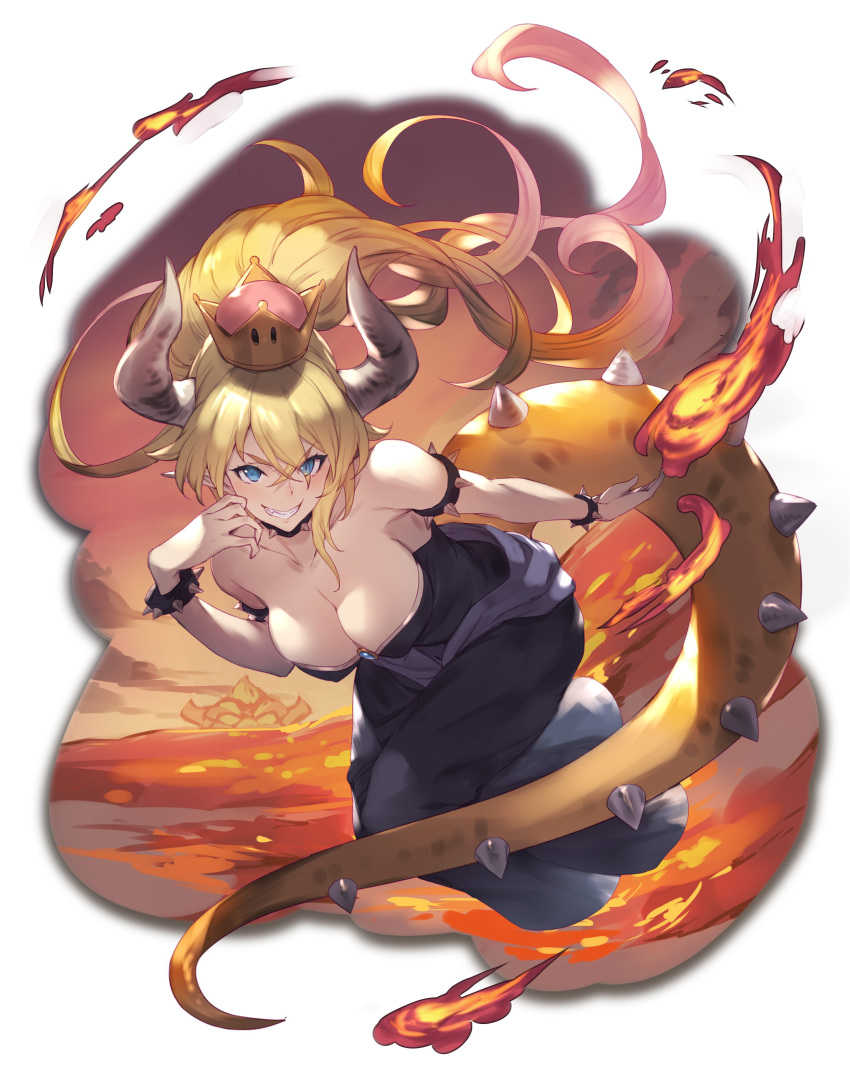 absurdres armlet bare_shoulders black_dress blonde_hair blue_eyes bowsette bracelet breasts cleavage collar commentary_request crown dress earrings fang fire grin highres horns jewelry kakage looking_at_viewer mario_(series) molten_rock new_super_mario_bros._u_deluxe ponytail smile solo spiked_armlet spiked_bracelet spiked_collar spikes super_crown tail teeth