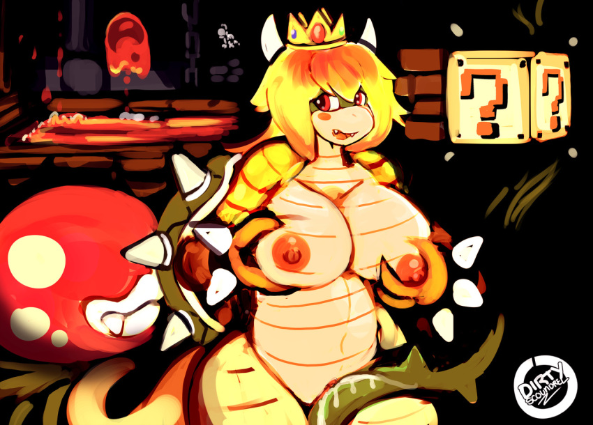 ?_block alternate_species anthro big_breasts breasts crown dirtyscoundrel female flora_fauna hand_on_breast koopa lava mario_bros nintendo nude piranha_plant plant princess_koopa princess_peach pussy pussy_juice reptile scalie shell spikes thick_thighs video_games