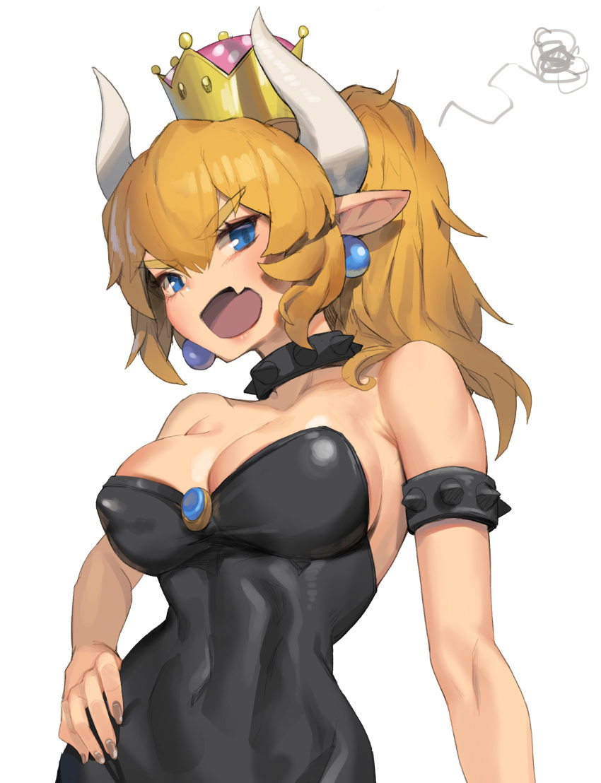 absurdres bare_shoulders blonde_hair blue_eyes blush bowsette bracelet breasts collar commentary_request crown dress highres horns jewelry large_breasts mario_(series) new_super_mario_bros._u_deluxe ponytail romana spiked_bracelet spiked_collar spikes super_crown super_mario_bros.