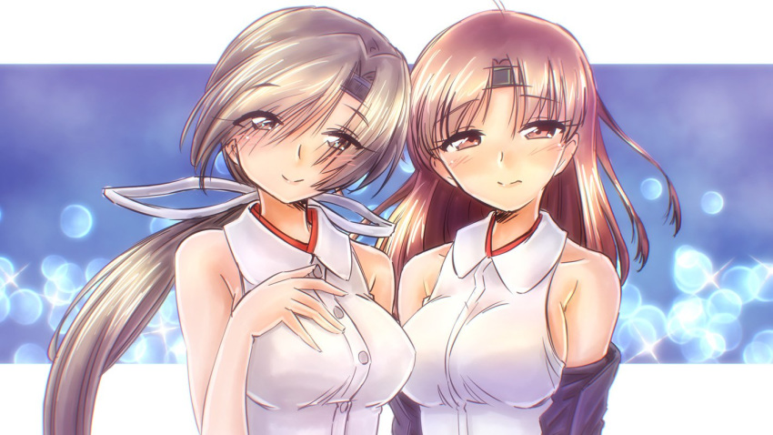 armpit_crease bare_shoulders blouse blurry blush bokeh breasts brown_eyes brown_hair chitose_(kantai_collection) chiyoda_(kantai_collection) closed_mouth collarbone collared_blouse commentary_request depth_of_field eyebrows_visible_through_hair eyes_visible_through_hair hair_ribbon half-closed_eyes head_tilt headband kantai_collection large_breasts long_hair looking_at_viewer multiple_girls oekaki_lemon off_shoulder outside_border ponytail ribbon short_hair sleeveless_blouse smile sparkle upper_body white_blouse white_ribbon