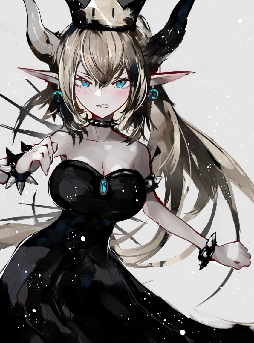 bare_shoulders black_dress blonde_hair blue_eyes blush bowsette bracelet breasts cleavage clenched_teeth collar commentary_request crown dress earrings floating_hair hand_up highres horns jewelry kusakanmuri large_breasts long_dress long_hair long_pointy_ears looking_at_viewer mario_(series) new_super_mario_bros._u_deluxe pointy_ears solo spiked_bracelet spiked_collar spikes strapless strapless_dress super_crown teeth