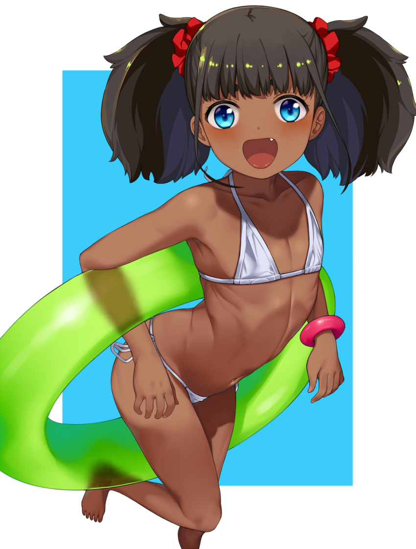 :d bangs bare_arms bikini black_hair blue_eyes commentary_request dark_skin fang flat_chest hai_ookami hair_ornament hair_scrunchie highres holding holding_innertube innertube looking_at_viewer medium_hair open_mouth original outside_border red_scrunchie revision scrunchie shiny shiny_hair side-tie_bikini side-tie_bottom simple_background smile solo standing standing_on_one_leg swimsuit tan tareme twintails white_bikini