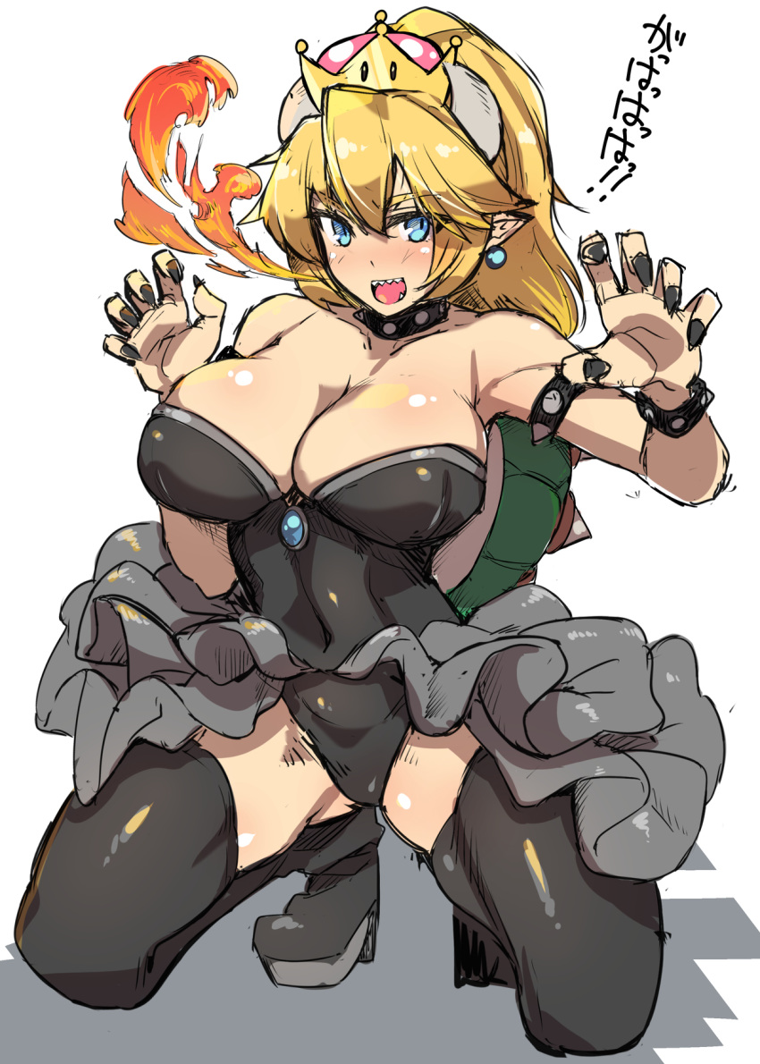 bare_shoulders black_dress blonde_hair blue_eyes bowsette breasts brll cleavage commentary_request crown dress earrings fire flame highres jewelry large_breasts long_hair looking_at_viewer mario_(series) new_super_mario_bros._u_deluxe open_mouth pointy_ears sharp_teeth simple_background smile solo spiked_shell super_crown teeth translated white_background