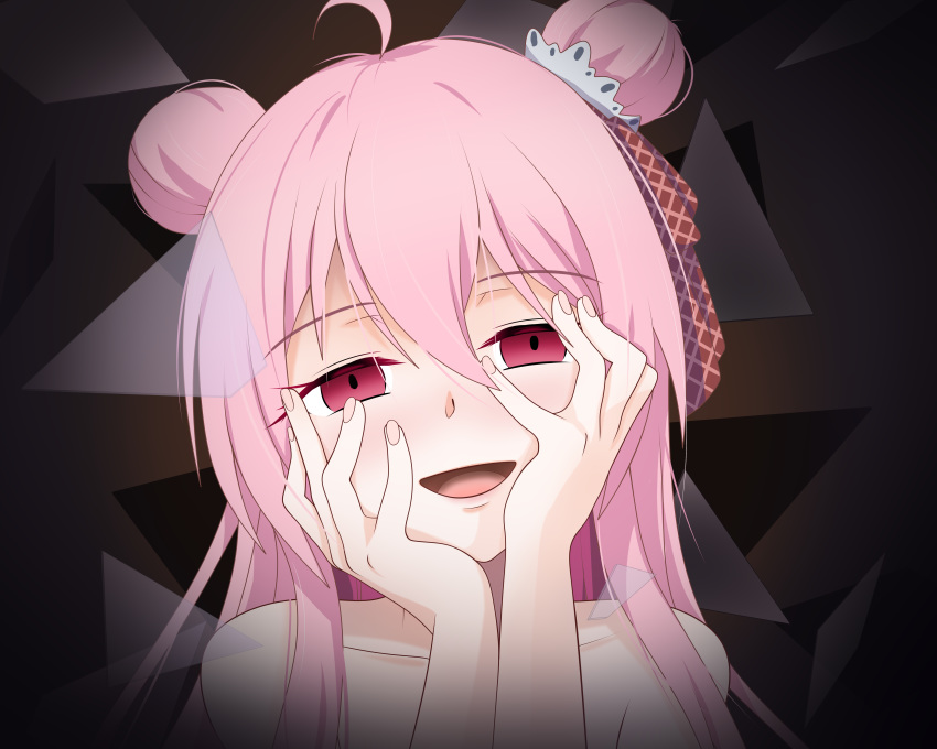 1girl blush double_bun finn_flint hair_bun hair_ribbon hands_on_own_cheeks hands_on_own_face happy_sugar_life long_hair looking_at_viewer matsuzaka_satou open_mouth pink_eyes pink_hair ribbon smile solo yandere yandere_trance