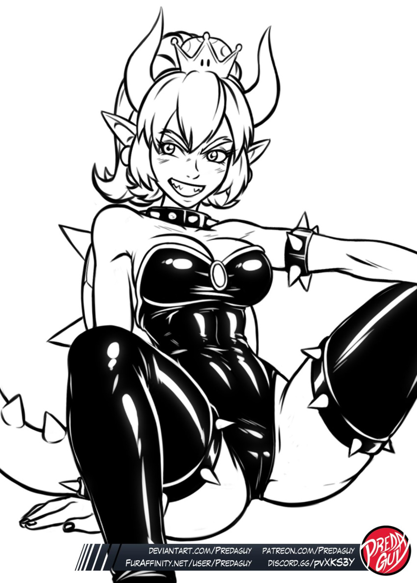 alternate_species animal_humanoid black_and_white bowser bowsette_meme breasts choker cleavage clothed clothing crossgender crown female humanoid humanoidized koopa koopahime mario_bros monochrome nintendo predaguy scalie simple_background solo super_crown video_games white_background