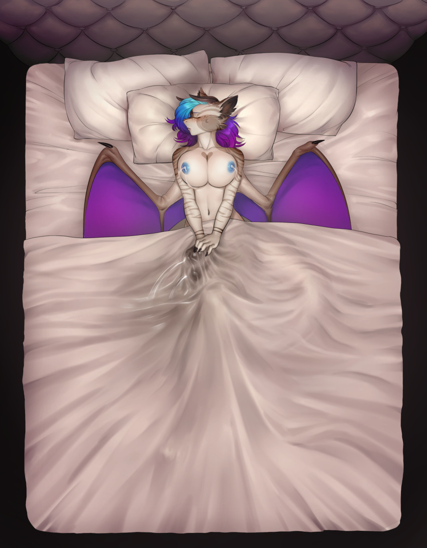 anthro bed blush breasts bulge dickgirl dragon fur furred_dragon fuzzies4you intersex lactating lying nipples nude on_back penis_outline pillow precum sherri_aura sleeping solo wet_dream wide_hips wings