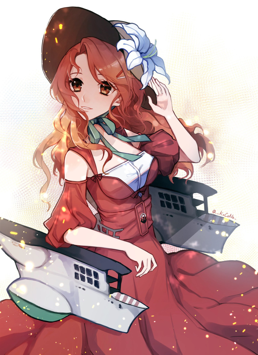 alternate_costume alternate_hairstyle aquila_(kantai_collection) breasts brown_eyes brown_hat commentary cowboy_shot dress flower green_ribbon hair_down hat hat_flower highres kantai_collection kocona long_hair looking_to_the_side machinery medium_breasts orange_hair red_dress ribbon solo sun_hat upper_body wavy_hair white_background white_flower