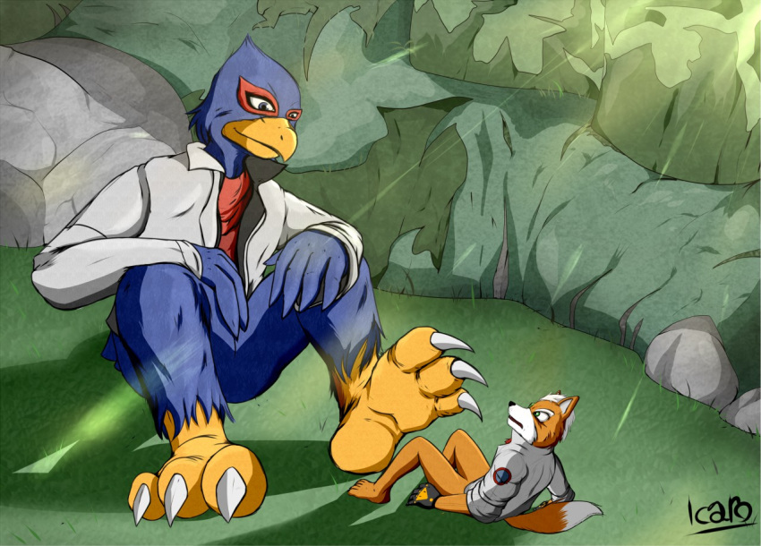 anthro avian bird bottomless canine claws clothed clothing difference domination falco_lombardi falcon feet fox fox_mccloud icarozilla macro male mammal micro nintendo nude paws shrink shrinking size soles star star_fox video_games