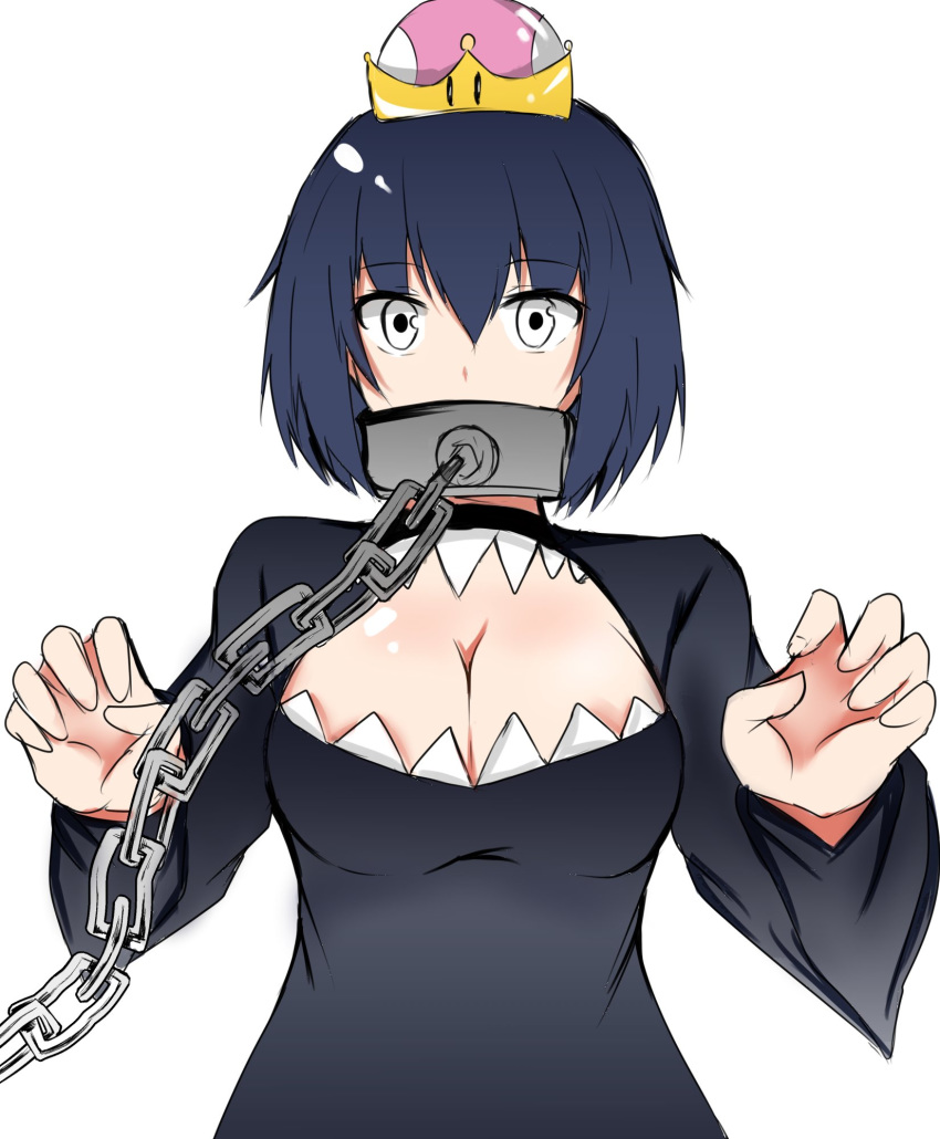 adapted_costume black_dress black_hair breasts chain cleavage cleavage_cutout crown dress eyebrows_visible_through_hair grey_eyes hair_between_eyes highres isshii13 large_breasts long_sleeves looking_at_viewer mario_(series) new_super_mario_bros._u_deluxe princess_chain_chomp short_sleeves simple_background solo super_crown super_mario_bros. upper_body white_background