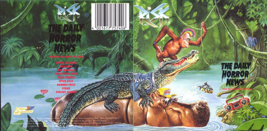 1988 album_cover boombox bracelet choker cover denim_jacket eyewear fish flower forest hair hat heavy_metal hidden_eyes hippopotamus jewelry leaves lily mammal marine mohawk monkey multicolored_hair piranha plant primate rainbow_hair river scales sebastian_kr&uuml;ger sharp_teeth speed_metal sunglasses teeth thrash_metal tree tree_root vines water