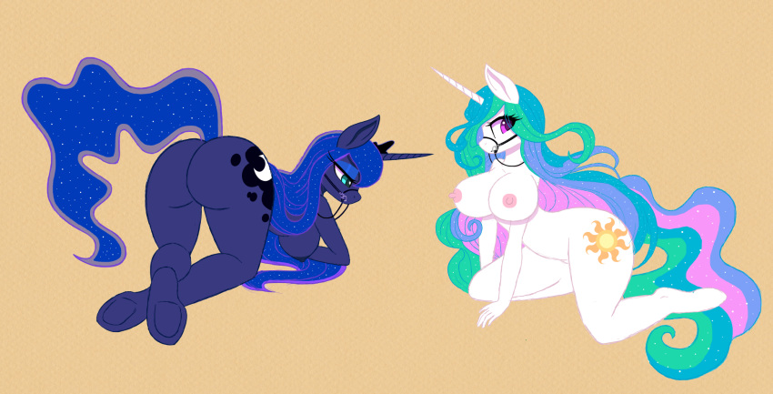 anthro breasts bridle butt cocaine-leopard cosmic_hair duo equine female friendship_is_magic hair horn long_hair mammal multicolored_hair my_little_pony nipples nude pinup pose presenting princess_celestia_(mlp) princess_luna_(mlp) sibling simple_background sisters