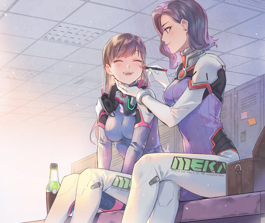 applying_makeup bench blush bodysuit bottle breasts brown_hair closed_eyes commentary_request crossed_legs d.mon_(overwatch) d.va_(overwatch) earrings eyebrows_visible_through_hair facepaint happy headphones highres jewelry lino_chang locker locker_room long_hair looking_at_another makeup marker medium_breasts meka_(overwatch) multiple_girls overwatch plugsuit purple_hair short_hair sitting smile soda soda_bottle touching_another's_chin