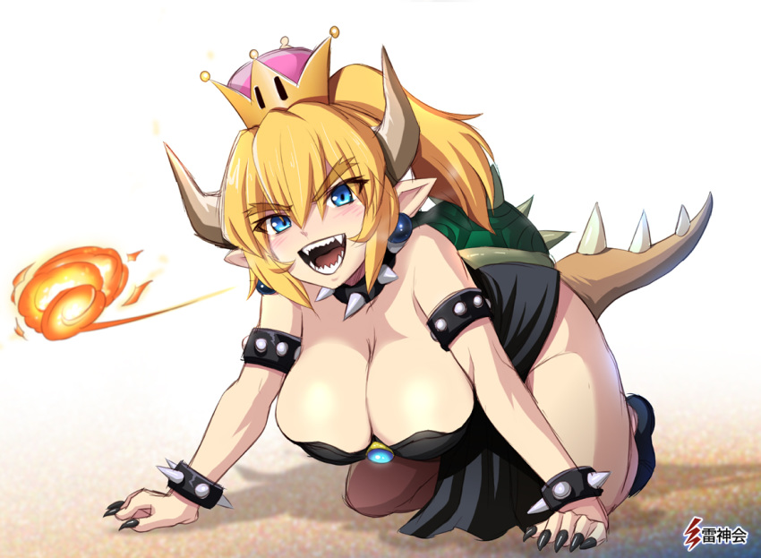 aqua_eyes blonde_hair blush bowser bowsette breasts choker cleavage crown dress fang fire genderswap harukigenia horns long_hair pointed_ears ponytail super_mario_bros tail wristwear