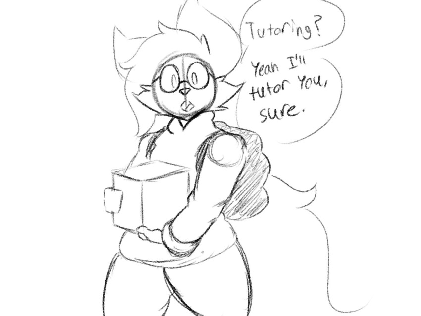 2018 ambiguous_gender anthro backpack black_and_white braixen canine clothed clothing dialogue digital_media_(artwork) english_text eyewear fur glasses looking_at_viewer mammal monochrome nintendo pok&eacute;mon pok&eacute;mon_(species) pokebraix_(artist) simple_background sketch solo text video_games white_background