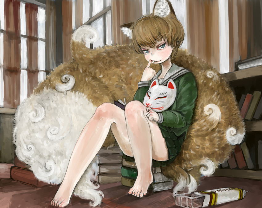 animal_ears bare_legs barefoot book book_stack commentary_request ebimomo fang fox_ears fox_mask fox_tail green_eyes green_shirt green_skirt grey_sailor_collar holding holding_book kitsune large_tail light_brown_hair long_sleeves looking_at_viewer mask miniskirt original pleated_skirt sailor_collar school_uniform serafuku shirt sitting sitting_on_books skirt solo tail uniform